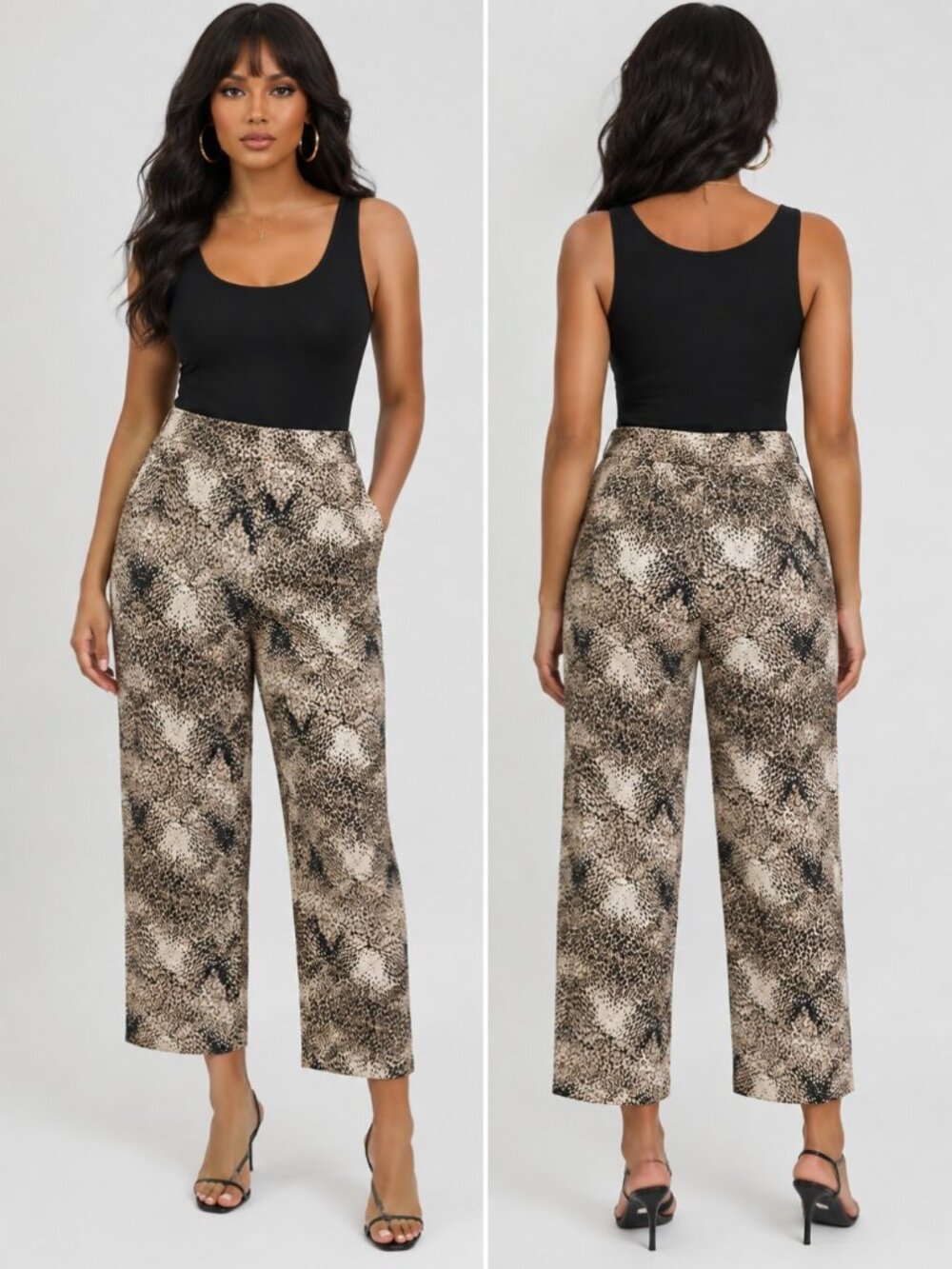 Kim Rogers Women's Petite Size 12 Printed Capri Pants 97% cotton Beige & black.